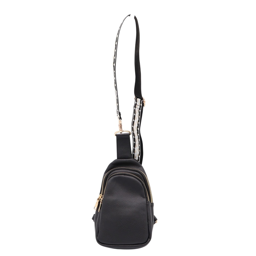 Ah-dorned Black Vegan Leather Sling Bag Gold Hardware Geometric Guitar Strap